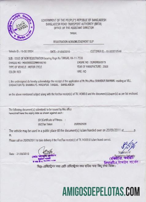 Modelo de certificado de registro de veículo de Bangladesh